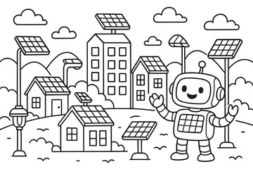 Fototapeta premium Solar City Coloring Page. Future of solar energy children?s coloring book illustration, outlined drawing, a happy city skyline with solar panels on rooftops,