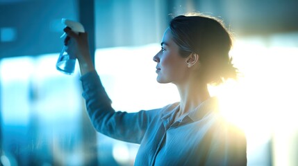 Woman Cleaning Glass Window with Spray Bottle in Bright Light