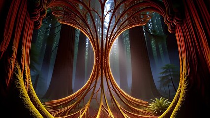 A glowing fractal light dance within a mystical forest canopy, forming an enchanted spiritual portal through ancient redwood trees. - Powered by Adobe