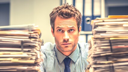 Stressed businessman surrounded by overwhelming paperwork at desk