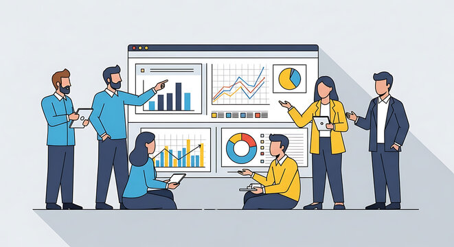Business team reviewing charts and graphs together in an office meeting