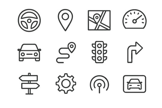 Car Navigation Icons. Car navigation interface. Line icon set of Car navigation interface: steering wheel, GPS pin, map, speedometer, car, route line, traffic
