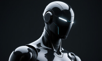 Sleek Black Futuristic Robot with Glowing AI Eyes on a Dark Technology Background