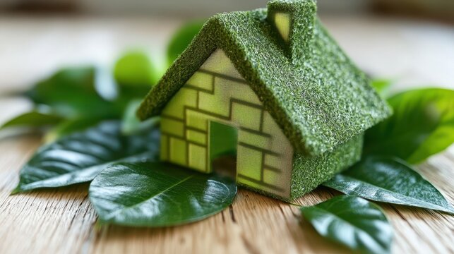 A green house made of leaves sits on a wooden table. The house is surrounded by green leaves and branches, giving it a natural and eco-friendly appearance. Concept of harmony between nature - Powered by Adobe