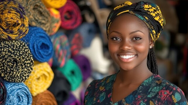 A woman is smiling and standing in front of a wall of colorful fabric. Concept of joy and happiness, as the woman is enjoying herself in the colorful environment. The vibrant colors of the fabric - Powered by Adobe