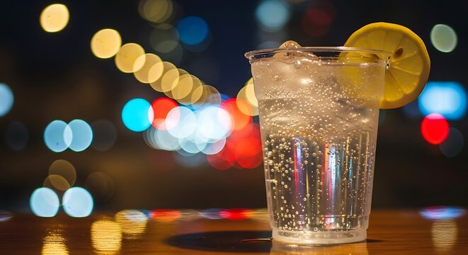 Sparkling refreshment against a vibrant city backdrop evokes sophistication