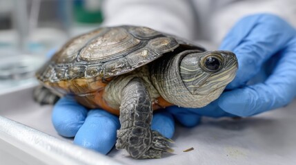 Close-Up of a Turtle Being Examined by a Veterinarian with Gloves