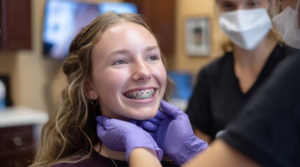 Young Girl with Braces Smiling at Orthodontist Appointment