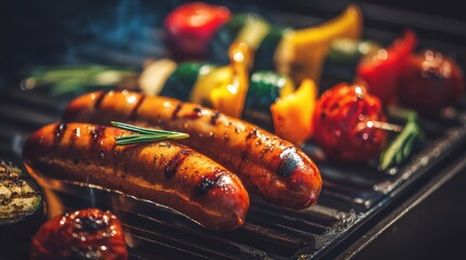 Grilled Sausages and Colorful Vegetables on Barbecue Grill