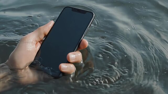Close-Up Hand Holding Smartphone Getting Wet as Waves Hit &ndash; Water Resistance and Usage Issues Concept