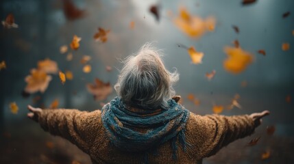 Elderly Person Embracing Autumn Leaves in a Misty Forest Scene