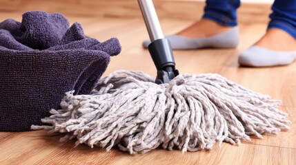 Cleaning with Mop and Towel in a Bright and Cozy Interior Space