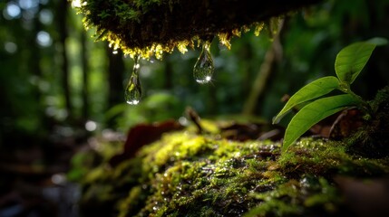 Water Droplets on Moss Covered Log in Lush Green Forest Scene