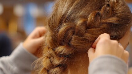 Hair Styling Process with Beautiful Braid Being Formed by Hands