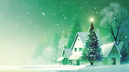 Green winter landscape animation of a glowing christmas tree, falling snowflakes and snowy village houses in a misty forest for xmas holiday art - Powered by Adobe