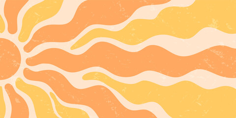 Groovy retro sun burst wave with orange and yellow ray pattern creates a y2k sunshine. sun and burst shape, grungy texture graphic. Horizontal background for vintage design with a graphic focus.