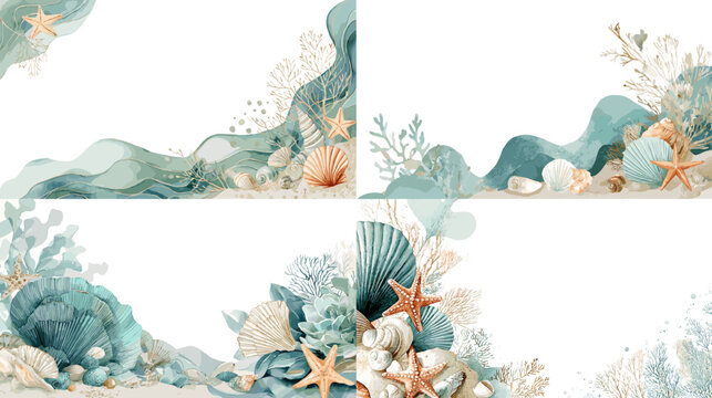 Watercolor illustration of seashells corals starfish and soft ocean waves arranged in decorative borders. Ideal for beach themes summer invitations coastal decor and marine design.