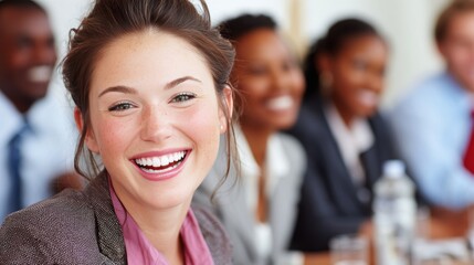 Smiling Businesswoman in Meeting with Diverse Colleagues in Background