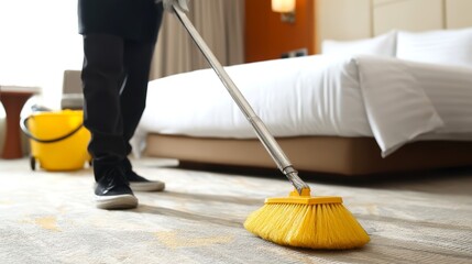 Cleaning Professional Sweeping Hotel Room with Yellow Broom
