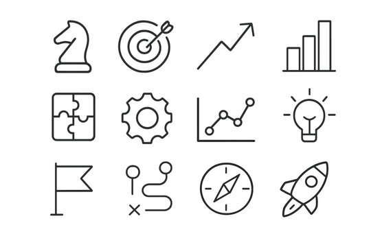 Core Strategy Icons. Core Strategy. Line icon set of Core Strategy: chess piece, target, arrow, chart, puzzle, gear, graph, light bulb, flag, roadmap, compass,