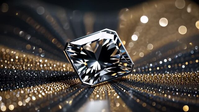 A brilliant cut diamond on a luxurious gold and black glitter background, sparkling with abstract bokeh lights.