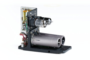 Vintage radio frequency power amplifier electronic module featuring vacuum tubes and circuit board detail on a clean white background.