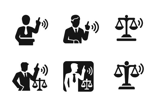 Courtroom Objection Logos. Lawyer Making Objections. Icon set. Set Logo of Courtroom Objection: attorney raising hand in court. harmonious logo variations of