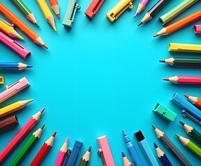 Flat Lay Composition of Colorful School Supplies on Blue Background