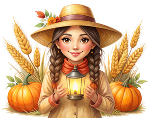  Friendly Scarecrow with Lantern, Autumn Harvest Scene, Soft Hand-Drawn Illustration, Isolated