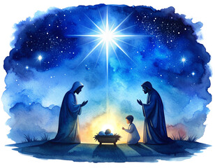 Bethlehem Night Nativity Watercolor with Star of Christmas, Holy Family Silhouettes, Isolated