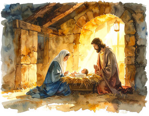 Watercolor Nativity Scene with Holy Family in Stable, Baby Jesus in Manger, Soft Christmas Illustration, Isolated