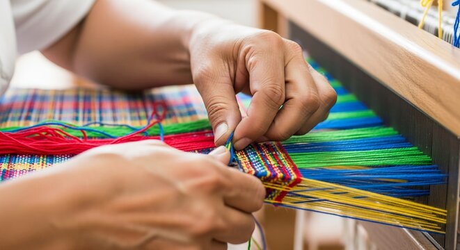 Creating vibrant tapestry the weaver’s hands expertly thread loom with diverse colored cotton yarn