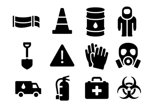 Spill Containment Icons. Spill Containment. Solid icon set of Spill Containment: containment barrier, safety cone, chemical barrel, hazmat suit, shovel,