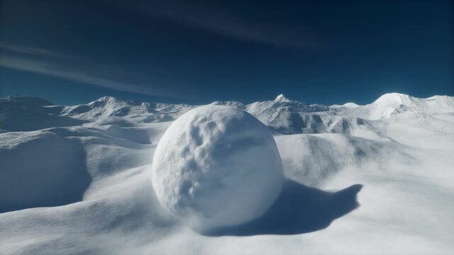 Snowball rolling down a snowy mountain gaining size and momentum symbolizing growth acceleration inevitability cascading force and natural winter energy in a simple dynamic scene