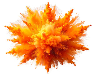Bright Orange Powder Explosion Burst in Mid-Air, Vibrant Festival Color Splash, Isolated on Transparent Background
