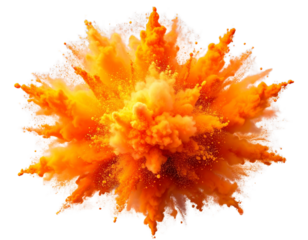 Bright Orange Powder Explosion Burst in Mid-Air, Vibrant Festival Color Splash, Isolated on Transparent Background
