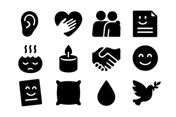 Emotional Support Icons. Emotional Support. Solid icon set of Emotional Support: listening ear, empathy heart, shoulder to lean, reassuring note, calming