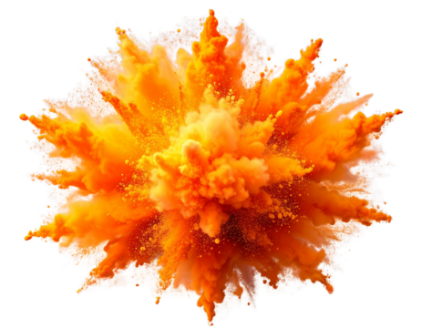 Bright Orange Powder Explosion Burst in Mid-Air, Vibrant Festival Color Splash, Isolated on Transparent Background