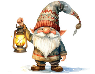 Single Watercolor Christmas Gnome Holding Lantern, Cozy Winter Theme, Isolated
