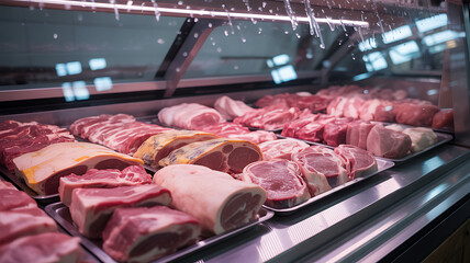 Fresh Raw Meat Assortment in Refrigerated Butcher Shop Display