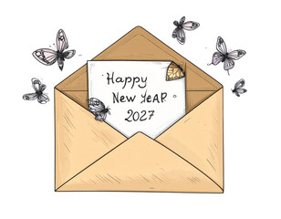 Open Envelope with Letter Showing Happy New Year 2027 Text and Floating Butterfly Doodles, Artistic Line Art, Isolated