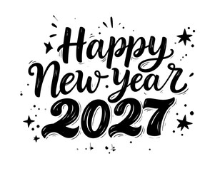 Happy New Year 2027 Hand-Drawn Script Typography with Festive Stars, Isolated on Transparent Background