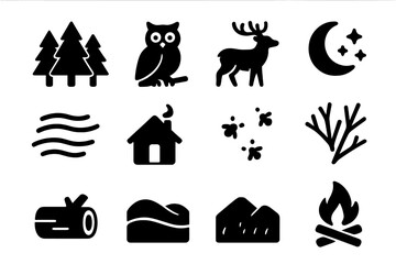 Forest Twilight Icons. Forest Twilight. Solid icon set of Forest Twilight: pine trees, owl, deer, moon, stars, mist, cabin, fireflies, branches, fallen log,
