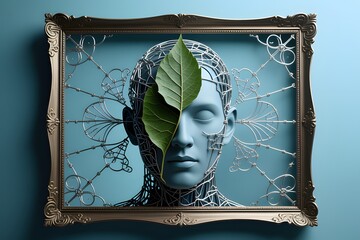 A surreal framed portrait featu a human head made of wire mesh and a verdant leaf cove one eye, set against a serene blue background for artistic effect.