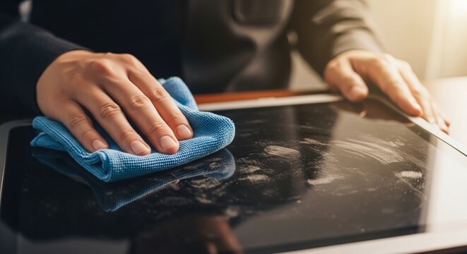 Providing spotless laptop screen worker cleans fingerprints with microfiber cloth for professional service