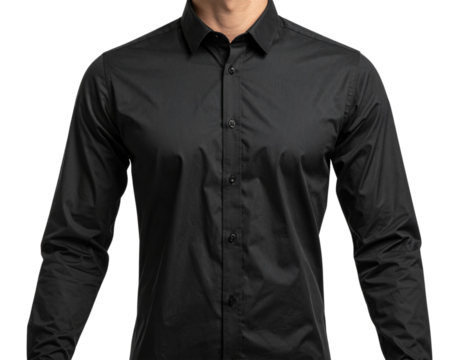 Black Long Sleeve Oxford Shirt on Invisible Mannequin, Front View, Isolated on Transparent Background