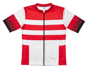 Red and White Cycling Jersey Laid Flat with Spread Sleeves, Top-Down Angle, Isolated