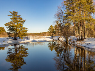 Serene winter scene with a body of water reflecting the sky and trees