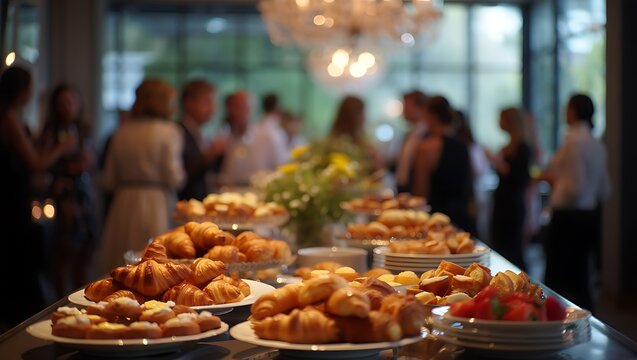 Buffet table full of croissants and pastries for a social event