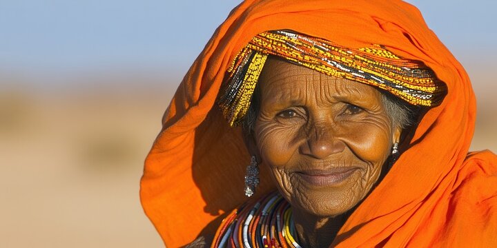 A woman wearing an orange scarf and earrings is smiling. The scarf is orange and has a pattern